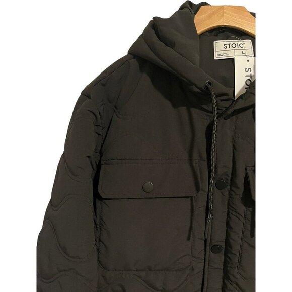 Stoic Puffer Coat Men's Large Solid Black Full Zip Hooded Pockets Parka Jacket - Picture 2 of 14